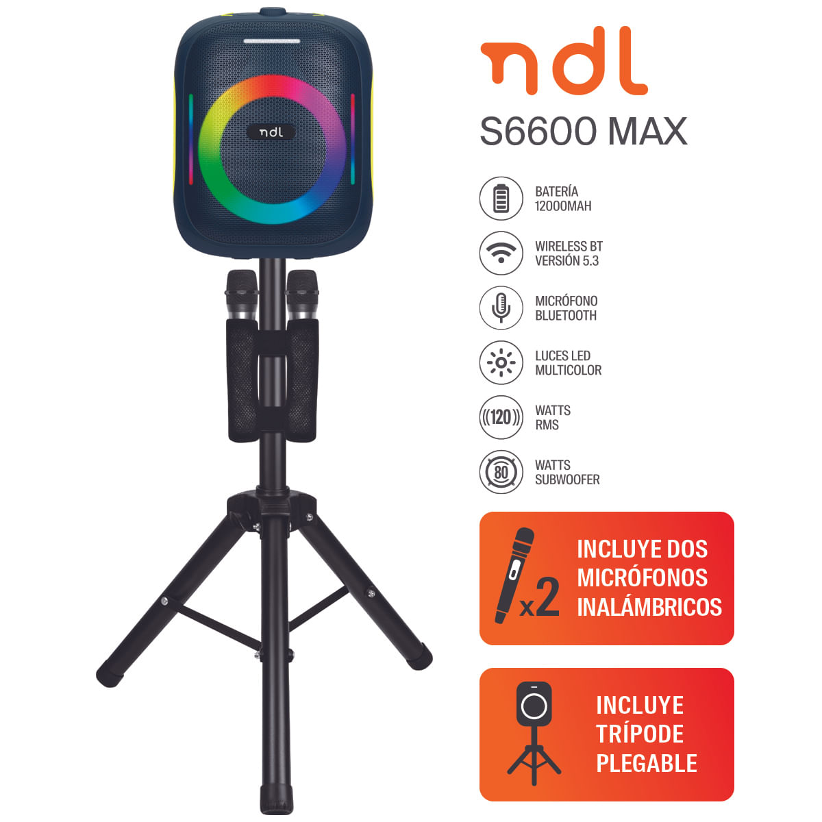 Parlante Port. NDL  S6600 120w Bt Aux Rgb 2mic Pie